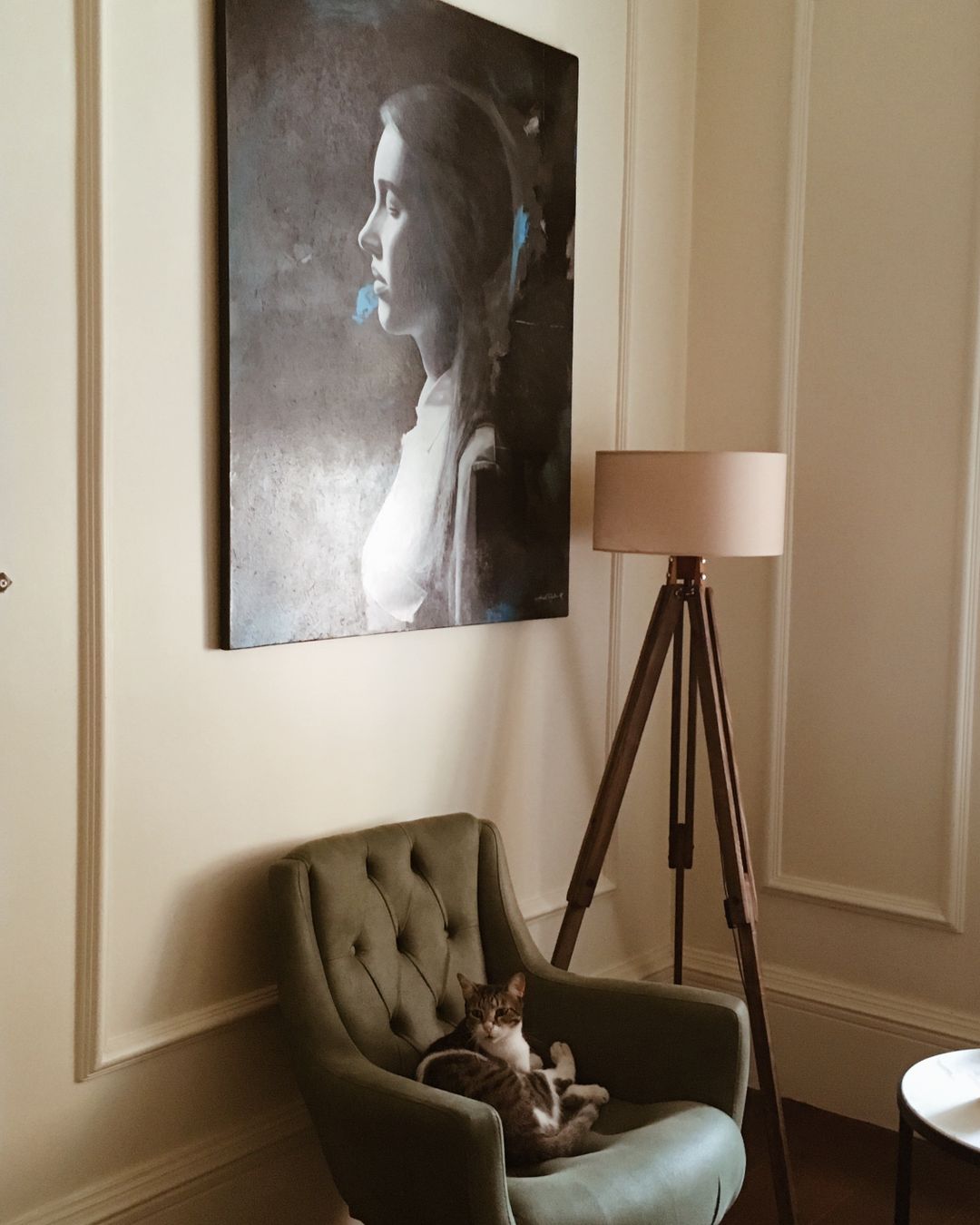 Pisica pufoasa relaxandu-se intr-un fotoliu, intr-un living modern cu lumanari parfumate - Little Paris Atelier