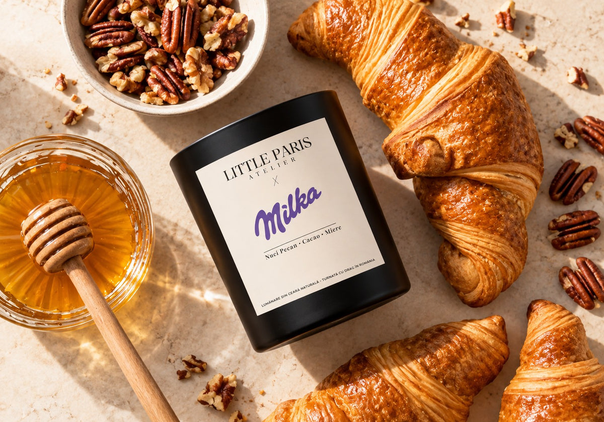 Lumanarea Little Paris x Milka, cu croissante, nuci pecan si miere